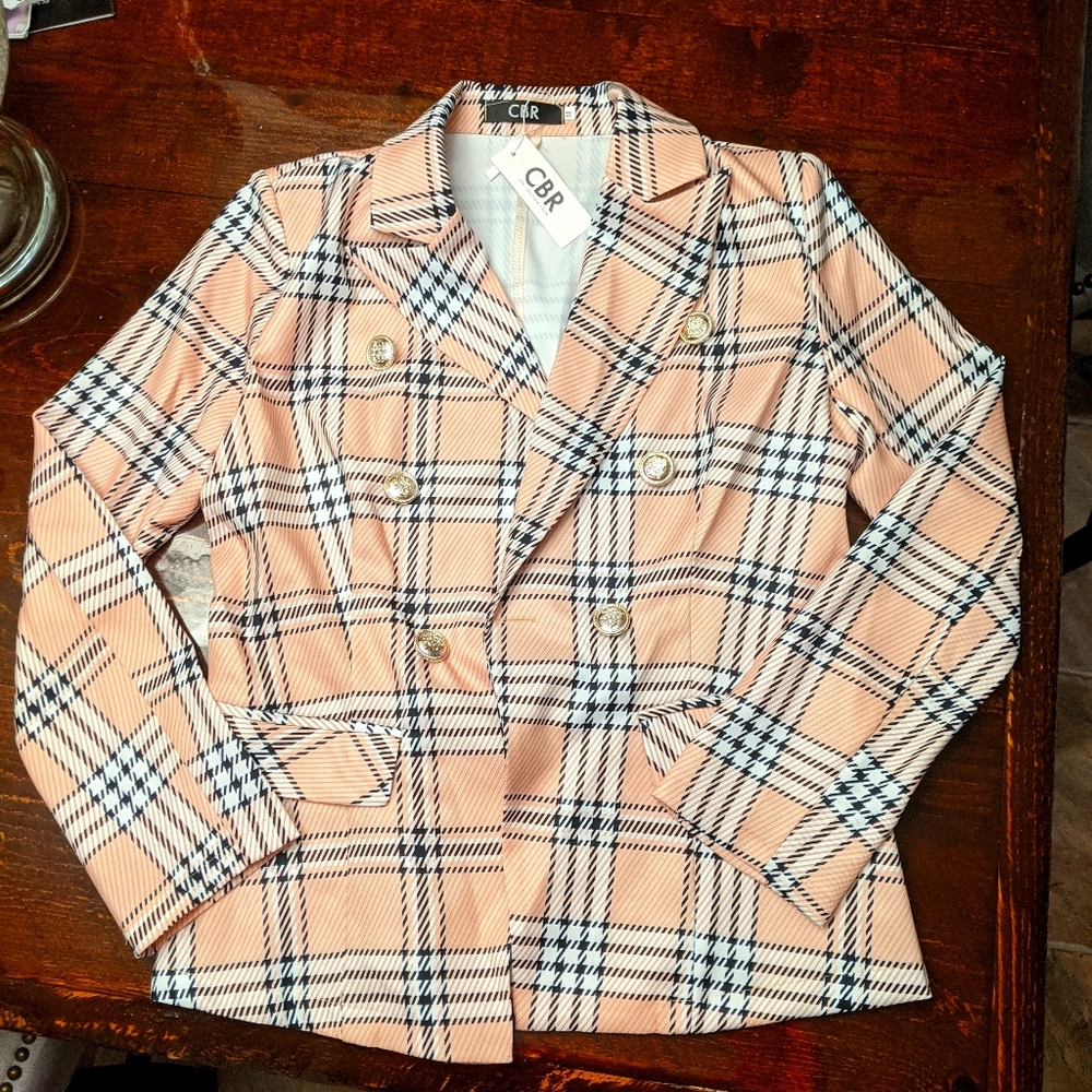 Plaid gold button blazer